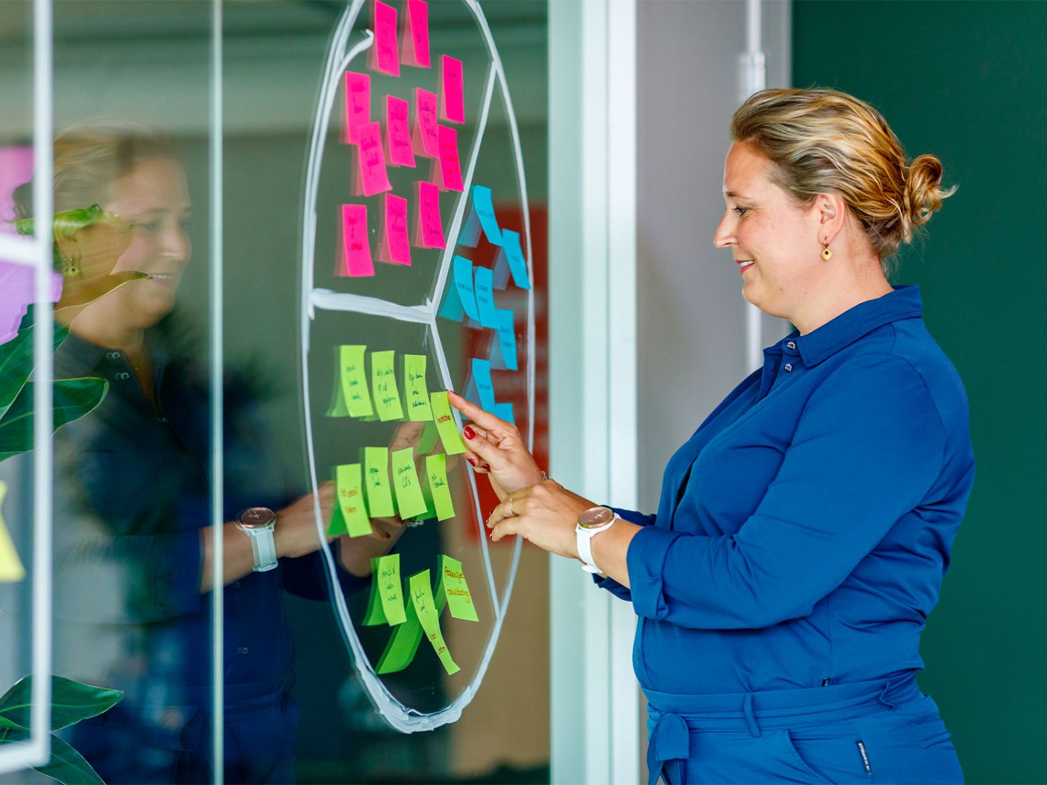 Monique plakt post-its op de glazen wand bij een workshop persona's
